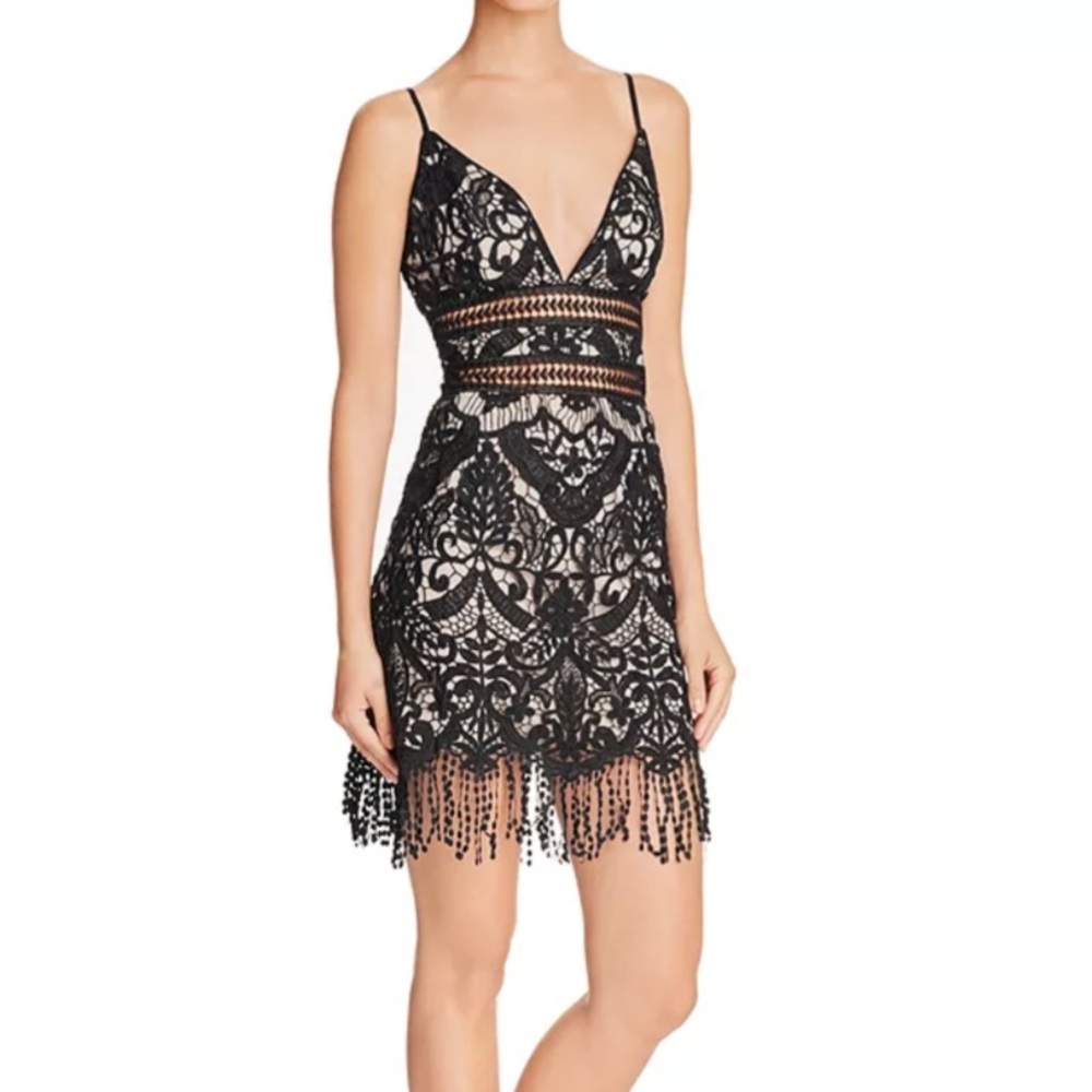 Saylor Fringe Embroidery Black Lace Dress Size M
